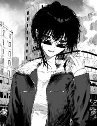 Rule 34 | 1girl, absurdres, breast pocket, breasts, building, cigarette, cloud, collarbone, fur-trimmed hood, fur trim, hand up, highres, holding, holding cigarette, hood, hood down, hooded jacket, jacket, lamppost, long sleeves, open clothes, open jacket, original, outdoors, parted lips, pocket, purple eyes, rectangular eyewear, shirt, sidelocks, sleeves past wrists, small breasts, smoke, solo, t-shirt, tree, tyrezal