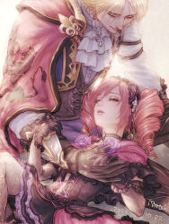 1boy 1girl amy_sorel ascot black_choker black_gloves blonde_hair cape choker dated drill_hair father_and_daughter gloves half-closed_eyes headdress highres holding_hands lap_pillow long_hair morito_leaf9 parted_lips raphael_sorel red_cape red_hair short_hair smile soul_calibur soulcalibur soulcalibur_vi twin_drills white_ascot