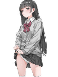 1girl absurdres black_eyes black_hair black_skirt blunt_bangs bow bowtie buttons cardigan closed_mouth clothes_lift collared_shirt commentary_request cowboy_shot crotch_seam grey_cardigan groin highres lifting_own_clothes long_hair long_sleeves looking_at_viewer miniskirt original panties pleated_skirt red_bow red_bowtie school_uniform shirt simple_background skirt skirt_lift solo standing sweat thighhighs tuubwhy underwear very_long_hair white_background white_panties white_shirt white_thighhighs