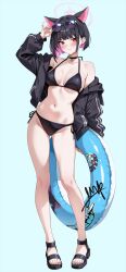 1girl adjusting_eyewear animal_ears aqua_background bikini black_bikini black_choker black_hair black_hoodie black_sandals blue_archive blue_innertube blush breasts cat_choker cat_ears choker closed_mouth collarbone colored_inner_hair ear_piercing earclip earrings extra_ears feet fingernails full_body grey-framed_eyewear groin hair_behind_ear halo highres holding holding_swim_ring hood hoodie innertube jewelry kazusa_(blue_archive) legs long_sleeves looking_at_viewer marisasu_(marisa0904) medium_breasts medium_hair multicolored_hair nail_polish navel open_clothes open_hoodie piercing pink_eyes pink_hair pink_halo pink_nails purple-tinted_eyewear sandals side-tie_bikini_bottom signature simple_background smile solo stomach sunglasses swim_ring swimsuit thighs tinted_eyewear toenail_polish toenails toes two-tone_hair