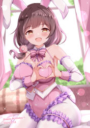 1girl :d animal_ears bare_shoulders blush bow breasts brown_eyes brown_hair commentary_request covered_navel dated detached_sleeves frilled_leotard frilled_sleeves frills hair_over_shoulder happy_birthday heart heart_hands highres large_breasts leotard long_hair long_sleeves looking_at_viewer low_ponytail ongeki open_mouth pantyhose pink_leotard ponytail rabbit_ears sakurai_haruna_(ongeki) smile solo striped_bow white_pantyhose white_sleeves xenon_(for_achieve)