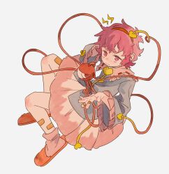 1girl bandaid bandaid_on_leg blouse blue_shirt blush closed_mouth eyeball ezier full_body hair_ornament hairband heart heart_hair_ornament highres komeiji_satori long_sleeves looking_at_viewer messy_hair no_nose pink_eyes pink_hair pink_skirt red_hairband shirt short_hair simple_background skirt slippers solo third_eye touhou upturned_eyes white_background wide_sleeves