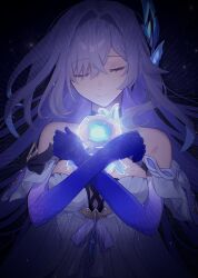 1girl artist_name bare_shoulders blue_gloves breasts closed_eyes closed_mouth dress earrings elbow_gloves genshin_impact gloves hair_ornament highres jewelry large_breasts long_hair short_dress skirk_(genshin_impact) solo suwa_(swk_kkk) watermark white_dress white_hair