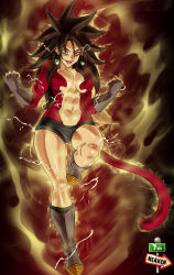 1girl 7th-heaven abs brown_hair dragon_ball dragon_ball_xenoverse earrings electricity fingerless_gloves floating gloves highres jewelry looking_at_viewer red_background solo super_saiyan tagme tail