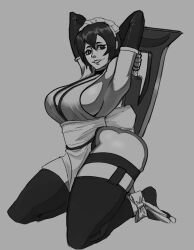 1girl 2024 apron armpits arms_behind_back ass bandages_over_clothes black_hair black_thighhighs blue_eyes blush breasts butterfly_swords choker cleavage commentary desn english_commentary female_focus flipped_hair frilled_leotard frills full_body grey_background greyscale hair_ornament highres huge_breasts huge_weapon iroha_(samurai_spirits) japanese_clothes kneeling lace-trimmed_apron lace_trim large_breasts leotard looking_at_viewer maid maid_headdress maid_leotard monochrome multiple_swords samurai_spirits sash short_hair snk solo thick_thighs thighhighs thighs toeless_legwear unconventional_maid weapon