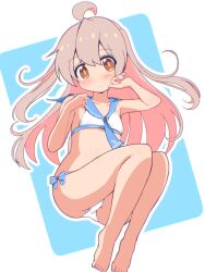 1girl ahoge bare_arms bare_legs barefoot bikini blue_necktie blue_sailor_collar brown_eyes collarbone commentary feet genderswap genderswap_(mtf) hair_between_eyes hand_up highres light_blush long_hair looking_at_viewer male-female_symbol necktie onii-chan_wa_oshimai! outline oyama_mahiro pink_hair sailor_bikini sailor_collar simple_background solo swimsuit two_side_up unkimo white_bikini white_outline