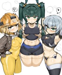 3girls :o android anger_vein arm_strap armlet armpit_crease armpits arms_behind_head ass bandaged_arm bandages black_choker black_panties black_shorts black_tank_top black_thighhighs blonde_hair blush bodysuit braid breasts brown_jacket choker cleavage_cutout closed_mouth clothing_cutout collarbone covered_erect_nipples covered_navel crop_top crossover fate/grand_order fate_(series) gloves goddess_of_victory:_nikke goma. grabbing_own_breast green_eyes green_hair grey_hair hair_between_eyes hair_ornament hand_on_own_hip hands_on_breasts hard_hat hat heart helmet jack_the_ripper_(fate/apocrypha) jacket jewelry liter_(nikke) loli long_hair long_sleeves looking_at_viewer midriff multiple_girls navel open_clothes open_jacket panties qingyi_(zenless_zone_zero) robot_girl scar scar_across_eye scar_on_face seductive_smile short_hair shorts simple_background small_breasts smile speech_bubble spoken_anger_vein spoken_heart standing steam sweat sweatdrop tank_top thick_thighs thighhighs thighs twin_braids twintails underwear very_long_hair white_background white_gloves yellow_bodysuit yellow_eyes zenless_zone_zero zettai_ryouiki