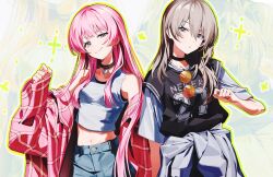 Rule 34 | 2girls, bang dream!, bang dream! it&#039;s mygo!!!!!, black choker, black sweater vest, blush, brown hair, chihaya anon, choker, closed mouth, clothes around waist, commentary, dangdidangdi, girls band cry, grey eyes, grey hair, highres, jacket, jacket around waist, kawaragi momoka, long hair, multicolored hair, multiple girls, pink hair, pink jacket, roots (hair), shirt, smile, sunglasses, sweater vest, symbol-only commentary, tank top, white jacket, white tank top