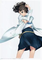 1girl :o absurdres bad_tag belt belt_buckle belt_pouch blue_bow blue_skirt bow brown_belt brown_eyes brown_hair buckle charm_(object) chest_bow chuo_tanegashima_high_school_uniform coat cosplay crop_top crossed_arms dynamic_pose fukuda_tomonori furrowed_brow hair_between_eyes hair_bun hand_to_head hand_up head_down highres lab_coat long_hair looking_at_viewer mad_scientist midriff midriff_peek miniskirt official_art okabe_rintarou okabe_rintarou_(cosplay) open_mouth pleated_skirt ponytail pouch robotics;notes school_uniform senomiya_akiho serafuku shirt short_hair short_sleeves simple_background skirt smile solo steins;gate v-shaped_eyebrows white_background white_coat white_shirt wind wind_lift