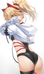 1girl animal_ear_headphones animal_ears ass back black_one-piece_swimsuit blonde_hair breasts cat_ear_headphones fake_animal_ears fate/apocrypha fate_(series) green_eyes headphones highres long_hair looking_at_viewer looking_back mordred_(fate) mordred_(fate/apocrypha) one-piece_swimsuit parted_bangs ponytail sidelocks small_breasts solo sweater swimsuit tonee white_sweater