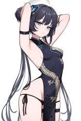 1girl absurdres armpits arms_up black_dress black_hair black_panties blue_archive butterfly_hair_ornament china closed_mouth commentary dragon_print dress grey_eyes grey_halo hair_bun hair_ornament halo highres kisaki_(blue_archive) long_hair panties presenting_armpit side-tie_panties simple_background solo suoniko thigh_strap underwear very_long_hair white_background