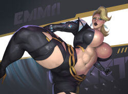 1girl abs black_gloves black_jacket black_shorts black_thighhighs blonde_hair breasts cleavage cropped_jacket earrings emma_frost emma_frost_(x-revolution) gloves highres huge_breasts impossible_clothes impossible_jacket jacket jewelry looking_at_viewer marvel marvel_rivals navel official_alternate_costume open_clothes open_jacket palemancer short_shorts shorts skin_tight solo thighhighs