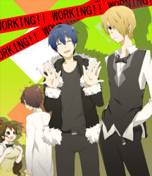 Rule 34 | 1girl, 3boys, :d, bad id, bad pixiv id, blush stickers, cigarette, cosplay, durarara!!, fukuyama jun, glasses, hair over one eye, heiwajima shizuo, heiwajima shizuo (cosplay), highres, juugonichi (wheeliex2), kamiya hiroshi, kishitani shinra, kishitani shinra (cosplay), multiple boys, ono daisuke, open mouth, orihara izaya, orihara izaya (cosplay), parody, satou jun, voice actor connection, smile, souma hiroomi, takanashi souta, taneshima popura, working!!