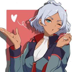 ahoge asticassia_school_uniform blowing_kiss collarbone dark-skinned_female dark_skin fluffy_hair green_eyes gundam gundam_suisei_no_majo heart highres kiss_day leotard mizuno374 one_eye_closed open_mouth school_uniform secelia_dote white_hair white_leotard white_nails