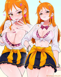 1girl absurdres black_skirt blush bow bra bracelet breasts clothes_around_waist collared_shirt earrings elpipe_3000 heart heart_earrings highres jacket jacket_around_waist jewelry large_breasts leopard_print_bra long_hair looking_at_viewer multiple_views nami_(one_piece) one_piece open_mouth orange_eyes orange_hair pink_bow pink_bra pleated_skirt print_bow purple_nails school_uniform shirt skirt underwear white_shirt yellow_jacket
