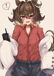 ! 1girl agnes_tachyon_(umamusume) animal_ears black_shorts blue_archive blush breasts brown_hair coat coat_partially_removed commentary_request cosplay cowboy_shot grey_background hair_intakes highres hisagi_(hisagi00) holding holding_walkie-talkie horse_ears horse_girl horse_tail kasumi_(blue_archive) kasumi_(blue_archive)_(cosplay) looking_at_viewer medium_breasts medium_hair open_mouth red_eyes shorts simple_background sleeves_past_fingers sleeves_past_wrists smile solo spoken_exclamation_mark tail uesaka_sumire umamusume v-shaped_eyebrows voice_actor_connection walkie-talkie white_coat