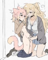 2girls animal_ears black_skirt blonde_hair blue_necktie blush breasts brown_cardigan brown_eyes cardigan collared_shirt commentary dog_ears dog_girl dog_tail ear_piercing english_commentary fingering grey_card grey_shoes hand_on_another&#039;s_waist highres kneeling long_hair multiple_girls necktie nipples open_mouth original piercing pink_hair pleated_skirt pussy_juice school_uniform shirt shoes skirt small_breasts smile socks sp1nosaur tail vaginal white_shirt white_socks yuri