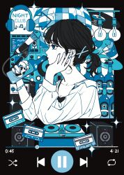 Rule 34 | 1girl, blue theme, bottle, bracelet, breasts, cassette player, cleavage, collarbone, cup, drink, eyelashes, fingernails, hair ornament, hairpin, headphones, highres, holding, holding bottle, jacket, jewelry, light bulb, long sleeves, looking afar, medium hair, microphone, microphone stand, mole, mole under eye, monochrome, mtirn3373, nail polish, original, parted lips, ponytail, solo