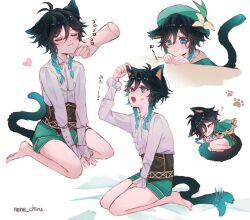 1boy 1other :3 afterimage animal_ears antenna_hair aqua_eyes artist_name ascot barefoot beret blush braid brown_corset buttons cape cat_boy cat_ears cat_tail center_frills chibi closed_eyes closed_mouth commentary_request corset disembodied_hand fangs feet flower frilled_sleeves frills genshin_impact gradient_hair gradient_tail green_cape green_hat green_shorts hair_between_eyes hand_on_another&#039;s_chin hand_up hands_up hat hat_flower heart long_sleeves lying male_focus medium_hair motion_lines multicolored_hair multiple_views nene_chiru on_side open_mouth parted_bangs paw_print puffy_shorts seiza shirt short_shorts shorts side_braids simple_background sitting sleeping smile sweatdrop table tail tail_wagging teeth translation_request twin_braids two-sided_cape two-sided_fabric u_u v_arms venti_(genshin_impact) white_ascot white_background white_flower white_shirt