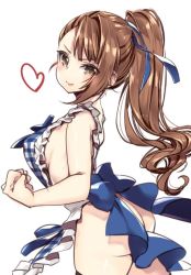 1girl 218 apron ass asymmetrical_bangs beatrix_(granblue_fantasy) blush bottomless breasts brown_hair butt_crack female_focus granblue_fantasy heart naked_apron ponytail sideboob solo tagme thighhighs