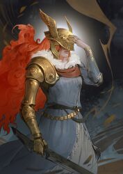 1girl absurdres armor cape covered_eyes dress elden_ring gold_armor golden_sword grey_background grey_dress hand_on_headwear helmet helmet_over_eyes highres katana long_hair malenia_blade_of_miquella metal_belt multiple_scars red_cape red_hair scar scar_on_arm scar_on_face selann_dw sword valkyrie warrior weapon winged_helmet