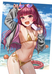 1girl absurdres adjusting_eyewear alcohol_carton beach bikini black_nails blush bocchi_the_rock! commentary covered_erect_nipples cowboy_shot day english_commentary eyewear_lift eyewear_on_head fingernails flat_chest gold_bikini grey_jacket hakai_no_ika hand_on_eyewear heart heart-shaped_eyewear highres hiroi_kikuri holding_carton innertube jacket long_fingernails long_hair long_sleeves looking_at_viewer micro_bikini nail_polish navel ocean open_clothes open_jacket open_mouth purple-tinted_eyewear purple_eyes purple_hair sharp_teeth shiny_skin side-tie_bikini_bottom sleeves_past_wrists smile solo sunglasses sweat swim_ring swimsuit teeth tinted_eyewear water