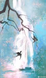 absurdres animal bird boat bush chinese_commentary commentary_request fei_you_dudu flower highres lake no_humans oar original pink_flower reflection reflective_water scenery sunlight swallow_(bird) water watercraft waterfall watermark weibo_watermark