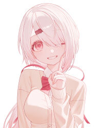051_ogoli 1girl absurdres blush bow bowtie breasts cardigan collared_shirt commentary fingernails grin hair_ornament hair_ribbon hairclip highres index_finger_raised large_breasts long_hair long_sleeves looking_at_viewer nijisanji one_eye_closed pink_eyes pink_hair red_bow red_bowtie red_ribbon ribbon shiina_yuika shiina_yuika_(1st_costume) shirt simple_background smile solo teeth virtual_youtuber white_background white_shirt yellow_cardigan