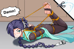 1girl barefoot bdsm blue_eyes blue_hair blush bondage bound china_dress chinese_clothes chinese_knot dark_blue_hair defeat dress haimei1980 hogtie humiliation long_hair mole scissor_seven scissors shibari thirteen_(scissor_seven)