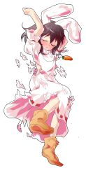 1girl alphes_(style) animal_ears arms_up black_hair blush carrot carrot_necklace commentary_request dairi defeat dress full_body inaba_tewi jewelry large_variant_set medium_hair necklace parody pendant puffy_sleeves rabbit_ears ribbon-trimmed_clothes ribbon_trim short_sleeves smile solo style_parody tachi-e torn_clothes touhou transparent_background variant_set white_dress