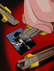 1boy black_hair blood boxcutter cutting gakuran highres holding holding_boxcutter male_focus photo_(object) randal&#039;s_friends red_background school_uniform short_hair tsukada_satoru uri_ka55