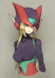 1girl android bliss_zero_(mega_man) blonde_hair blue_eyes bodysuit breasts cropped_torso female_focus framed_breasts genderswap genderswap_(mtf) grey_background hair_between_eyes helmet impossible_bodysuit impossible_clothes kin_niku large_breasts long_hair looking_to_the_side mega_man_(series) mega_man_zero_(series) simple_background sketch solo upper_body zero(z)_(mega_man) zero_(mega_man)
