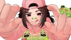 1girl :q absurdres animal animal_on_hand animal_print backwards_hat bandaid bandaid_on_face bandaid_on_nose baseball_cap bethy blurry blurry_foreground brown_eyes brown_hair closed_mouth commentary commission dot_nose english_commentary eyelashes fingernails frog frog_print green_bandaid green_overalls green_suspenders hat highres hood hood_down hoodie indie_virtual_youtuber long_sleeves looking_at_viewer medium_hair nose overalls pink_hat pink_hoodie reaching reaching_towards_viewer short_twintails sidelocks simple_background solo squinting susu_awoo tomboy tongue tongue_out twintails upper_body virtual_youtuber white_background