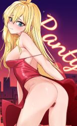 Rule 34 | 1girl, absurdres, ass, blonde hair, breasts, closed mouth, commentary, doroshe (sdpw8474), dress, highres, large breasts, long hair, maebari, panty &amp; stocking with garterbelt, panty (psg), red dress, solo