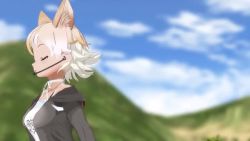 3d animal_costume animal_ear_fluff animal_ears animated blonde_hair coyote_(kemono_friends) wolf_ears wolf_tail dancing gloves kemono_friends kemono_friends_v_project microphone neck_ribbon outdoors ribbon shirt short_hair skirt tail udensha video virtual_youtuber white_shirt yellow_eyes