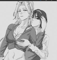 2girls alien_stage art_program_in_frame commentary cropped_jacket earrings english_commentary eyewear_on_head grabbing_another&#039;s_breast greyscale groping hairband highres hoop_earrings jacket jewelry long_hair long_sleeves mizi_(alien_stage) monochrome multiple_girls navel official_alternate_costume short_hair sketch sua_(alien_stage) the_quipper yuri