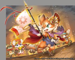 6+others animal_ear_fluff black_vest blue_shirt duel_masters embers flag furry gears goggles goggles_on_head hatamochi_churis holding holding_flag inline_skates kemonomichi_(blue_black) light_particles mouse_(animal) multiple_others official_art open_mouth outdoors purple_scarf purple_vest roller_skates scarf shirt skates vest
