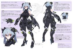 1girl absurdres android armor armored_boots artist_name ass bare_shoulders black_bodysuit blue_hair bodysuit boots breasts commentary covered_navel crossed_bangs from_behind full_body gauntlets hair_between_eyes headgear high_heels highres large_breasts long_hair looking_at_viewer m004_(natsukaze_shigure) mecha_musume mechanical_tail multiple_views natsukaze_shigure original red_eyes reference_sheet skin_tight standing tail turnaround twintails