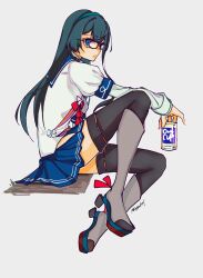1girl black-framed_eyewear black_hair black_thighhighs blue_eyes blue_hairband blue_skirt can closed_mouth commentary_request glasses grey_background hairband high_heels highres hip_vent holding kantai_collection kusomisoni long_hair long_sleeves looking_at_viewer miniskirt ooyodo_(kancolle) pleated_skirt school_uniform serafuku simple_background sitting skirt solo thighhighs
