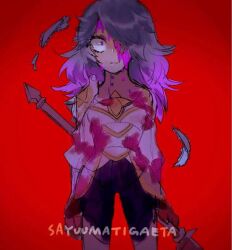 1girl alternate_hairstyle armor blue_hair fire_emblem fire_emblem_fates gradient_hair hair_down hair_over_one_eye holding holding_polearm holding_weapon makeup multicolored_hair nintendo peri_(fire_emblem) pink_hair polearm runny_makeup solo two-tone_hair twqk6 weapon
