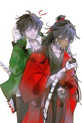Rule 34 | 2boys, :d, aaawwwssslll, animal, animal on shoulder, backpack, bag, black bag, black eyes, black hair, black hanfu, black pants, bone, cat, cat on shoulder, chen ge, chinese clothes, chinese commentary, coat, coin, coin mask, collared shirt, covered mouth, creature, crossover, dao gui yi xian, green jacket, hair between eyes, hair bun, hair ribbon, half updo, hanfu, highres, holding, holding creature, holding sword, holding weapon, holed coin, hood, hood down, hooded jacket, jacket, li huowang, li sui (tentacles), liquid, long hair, long sleeves, looking at another, male focus, mask, messy hair, mouth veil, multiple boys, my house of horrors, ofuda, open mouth, pants, red coat, red ribbon, ribbon, robe, shirt, short hair, shout lines, simple background, single hair bun, skull, smile, spine, spine sword, standing, sword, tears, tentacles, veil, weapon, white background, white shirt, wide sleeves