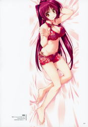 Rule 34 | 1girl, absurdres, amazuyu tatsuki, bare shoulders, barefoot, bed sheet, bikini, breasts, brown eyes, cleavage, cleavage cutout, clothing cutout, dakimakura (medium), feet, female focus, full body, halterneck, highres, kousaka tamaki, looking at viewer, lying, medium breasts, navel, on side, page number, parted lips, red hair, scan, shiny clothes, sleeveless, smile, solo, stomach, swimsuit, to heart (series), to heart 2, toes