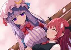 Rule 34 | 2girls, absurdres, aqua bow, aqua ribbon, black jacket, blunt bangs, blush, bow, bowtie, breasts, capelet, closed eyes, collared capelet, crescent, crescent hat ornament, frilled capelet, frills, hair bow, hat, hat ornament, hat ribbon, head wings, highres, jacket, koakuma, long hair, looking down, lying on lap, mob cap, multiple girls, necktie, open mouth, patchouli knowledge, pink capelet, pink hat, purple eyes, purple hair, red bow, red bowtie, red hair, red necktie, red ribbon, ribbon, shirt, sidelocks, sitting, sleeping, smile, touhou, upper body, wang ze ji bu er hua, white shirt, wings