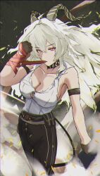 Rule 34 | 1girl, absurdres, arm support, bare shoulders, black choker, black gloves, black horns, black tail, breasts, bright pupils, choker, chromatic aberration, collarbone, commentary, cowboy shot, curled horns, gloves, hair between eyes, high-waist pants, highres, horns, large breasts, long hair, looking at viewer, mole, mole on breast, mole under eye, necktie, necktie around wrists, pants, po (popopo2525x), red eyes, red necktie, shirt, shirt tucked in, solo, torn clothes, torn shirt, white pupils, white shirt, wuthering waves, zani (wuthering waves)