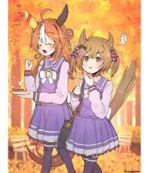 Rule 34 | 2girls, @ @, ahoge, animal ears, bag, bench, black bow, black thighhighs, blurry, blurry background, blush, bow, brown eyes, brown hair, closed eyes, copano rickey (umamusume), depth of field, double bun, eating, food, forest, frilled skirt, frills, hair bow, hair bun, hair intakes, highres, holding, holding food, horse ears, horse girl, horse tail, multicolored hair, multiple girls, nature, open mouth, park bench, parted lips, pink bow, pleated skirt, purple bow, purple shirt, purple skirt, rakugakiraid, school uniform, shirt, shoulder bag, skirt, smart falcon (umamusume), stiff tail, tail, takoyaki, thighhighs, tracen school uniform, translation request, tree, twintails, two-tone hair, umamusume, v-shaped eyebrows, walking, white bow