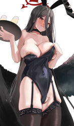 Rule 34 | 1girl, absurdres, alternate costume, animal ear hairband, animal ears, areola slip, black choker, black garter straps, black hair, black leotard, black thighhighs, black wings, blue archive, blush, breasts, choker, commentary request, covering breasts, covering privates, embarrassed, fake animal ears, feathered wings, garter straps, hairband, halo, hasumi (blue archive), highleg, highleg leotard, highres, holding, holding tray, huge breasts, leotard, long hair, nipple slip, nipples, nose blush, playboy bunny, po-i-mu, rabbit ear hairband, rabbit ears, rabbit tail, simple background, solo, straight hair, strapless, strapless leotard, sweat, sweatdrop, tail, thighhighs, tray, undersized breast cup, very long hair, white background, wings