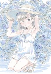 1girl arm_behind_head armpits bare_shoulders blue_flower blunt_bangs blush brown_eyes brown_hair closed_mouth dot_mouth dot_nose dress flower hand_on_headwear hat highres kneeling looking_at_viewer medium_hair original outdoors poranka_(porankaran) sandals solo strap straw_hat sundress swept_bangs white_dress