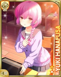 1girl :o ascot bow bowtie braid braided_ponytail card_(medium) cardigan classroom desk evening girlfriend_(kari) grey_skirt hair_ornament hair_scrunchie hanafusa_yuki indoors official_art open_mouth pink_ascot pink_hair pleated_skirt ponytail purple_cardigan qp:flapper red_eyes sailor_collar school school_desk school_uniform scrunchie shirt shoes skirt solo standing sunset tagme thighhighs white_shirt