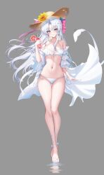 Rule 34 | 1girl, absurdres, alternate costume, bare shoulders, bikini, blush, bow, breasts, carlotta (wuthering waves), cherry, cup, drinking glass, drinking straw, earrings, flower, food, front-tie bikini top, front-tie top, fruit, full body, grey background, groin, hair bow, hat, hat flower, highres, holding, holding cup, incredibly absurdres, jewelry, juice, lilac (k32420276), long hair, medium breasts, navel, orange (fruit), orange slice, parted bangs, parted lips, sandals, side-tie bikini bottom, simple background, smile, solo, stomach, swimsuit, thigh gap, toes, very long hair, white bikini, wuthering waves