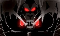 Rule 34 | 1boy, chankop, commentary request, dragon ball, dragon ball (classic), dual persona, glowing, glowing eyes, looking at viewer, male focus, monkey boy, oozaru, open mouth, red eyes, sharp teeth, solo, son goku, spiked hair, spot color, teeth, toriyama akira (style), transformation, upper body, v-shaped eyebrows